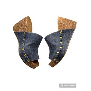 Blowfish Malibu Denim Studd Peep Toe Cork Heel Platform Slip On Clogs